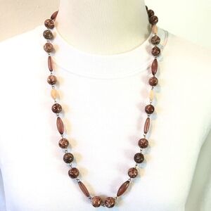 Vintage 90s Necklace 31.5in Brown Marbled Plastic Beads Beaded Rosary Link Style